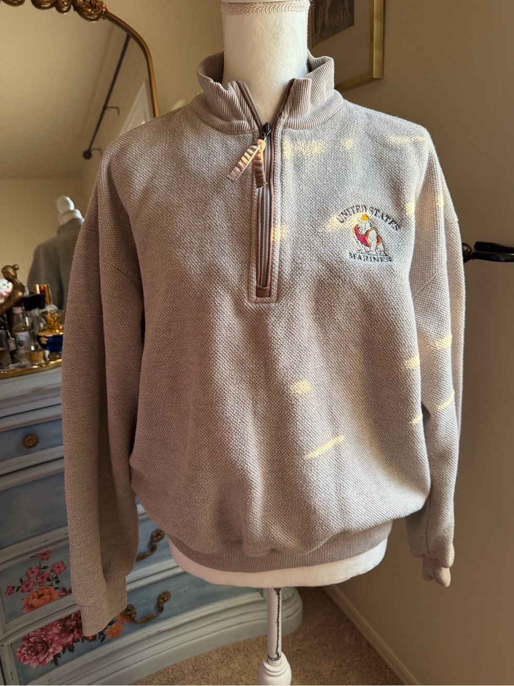 USMC Gear For Sports Beige Quarter-Zip Pullover with US Marines Embroidery